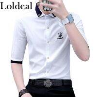 Loldeal เสื้อเชิ้ตแขนสั้นผู้ชายลำลองหล่อปักเข้ารูปใส่สบาย