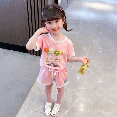 【Ready】🌈 summer dress 23 new summer ildrens fgn sle short-sed suit rl baby sports two-piece suit