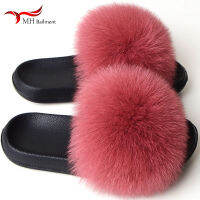 Real Fox Fur Slippers Women Summer Indoor Fluffy Flat Raccoon Fur Slides Outdoor Fashion Casual Beach Shoes Plus Size Shoes