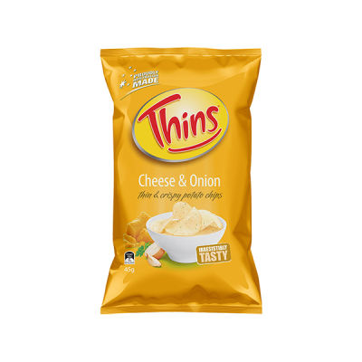 Thins Cheese and Onion Thin & Crispy Potato Chips 45g. ทินส์มันฝรั่งแผ่นทอดกรอบรสชีสและหัวหอม ขนาด 45 กรัม (5325)