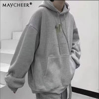 MAYCHEER   เสื้อสเวตเตอร์คู่รักชายหญิงเรียบง่ายขนาดพิเศษเสื้อกันหนาวลำลองหลวมฮู้ดสีทึบ