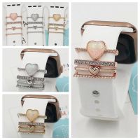 ๑♣ Bling Heart Charms Decorative Ring For Apple Watch Band Ornament Metal Creative Brooch Shiny Diamond Bracelet Wrist Belt Charms