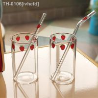 ♝▪ ivhefd Canecas De Vidro Kawaii com Presentes Bonitos Suco Canecas Morango Xícaras Palhas Café Limpar para Leite Ins Glass Set