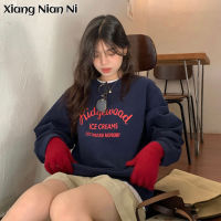 เสื้อสเวตเชิ้ต XIANG NIAN NI สำหรับเวอร์ชันผู้หญิงเกาหลีพิมพ์ตัวอักษรเสื้อกีฬาคอกลมลำลองหลวมขนาดใหญ่