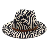 Ze Striped Print Jazz Fedora Hats with Brown Belt Buckle Women Men Wide Brim Church Party Felt Top Hat Panama Cap