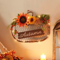 LED Autumn Pumpkin Sunflower With light Wooden Sign Simulation Garland Pendant Harvest Day Halloween Home Door Hanging Decor