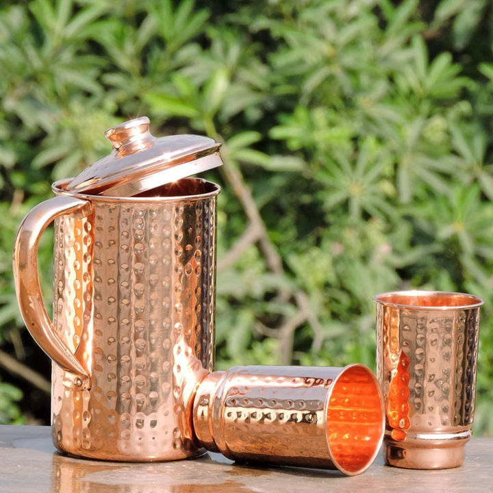 healthgoodsin-pure-copper-hammered-water-jug-with-2-hammered-copper-tumblers-copper-pitcher-and-tumblers-for-ayurveda-health-benefits