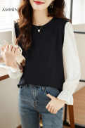 AMMIN Korean-style long sleeve bump color stitching temperament simple