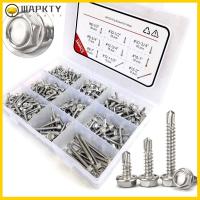 WAPKTY 380Pcs 410สแตนเลสสตีล สกรูเกลียวปล่อยสำหรับโลหะ #8 #10 #12 1/2 "ถึง2" สกรูโลหะแผ่น ทนทานสำหรับงานหนัก ชุดแยกสกรูเจาะด้วยตนเอง โลหะสำหรับตกแต่ง