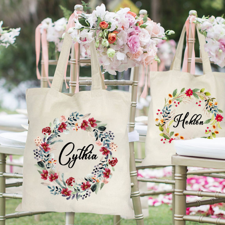 Floral Tote Bag Personalized Name Birthday Pink Flowers Canvas