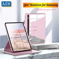 ASH 360กรณีหมุนสำหรับ Samsung Galaxy Tab S7 FE S7 Plus S8 Plus S6 Lite A8 10.5 A7 10.4 A7 Lite 8.0 2019พลิกหนัง PU อะคริลิคโปร่งใสพร้อมดินสอ