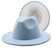 ที่เรียบง่ายด้านนอกแสงสีฟ้าที่มีขนสัตว์ด้านล่างสีขาวรู้สึกแจ๊ส Fedora หมวกผู้หญิงปีกกว้างปานามาพรรค T Rilby หมวกคาวบอยผู้ชายสุภาพบุรุษ