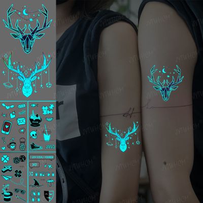 【YF】 Blue Glowing Tattoo Sticker Luminous Deer Temporary Couple Body Art Fluorescent Fake For Men And Women 10.5x6CM