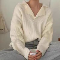 ۞∋ ITOOLIN V-neck Sleeved Oversize Sweater Knitted Ribbed Loose Cashmere Pullovers