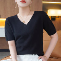 Summer V-neck solid color temperament t-shirt 2022 new Korean version basic style simple style slim ice silk knitted womens clo