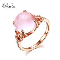 ❤Skute เครื่องประดับ Rose Gold Plated ธรรมชาติสีชมพูควอตซ์แหวนน่ารักคริสตัลกลวงผีเสื้อแหวนออกแบบปรับได้