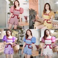 SS13461 Jumpsuit จั๊มสูทขาสั้น คอยู ทรงแขนพองผ้าแก้ว ติดดอกไม้รอบตัว