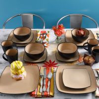 Gibson Soho Lounge Square 16-Piece Dinnerware Set - Taupe Dinner Set Plates And Dishes  Dinnerware Set