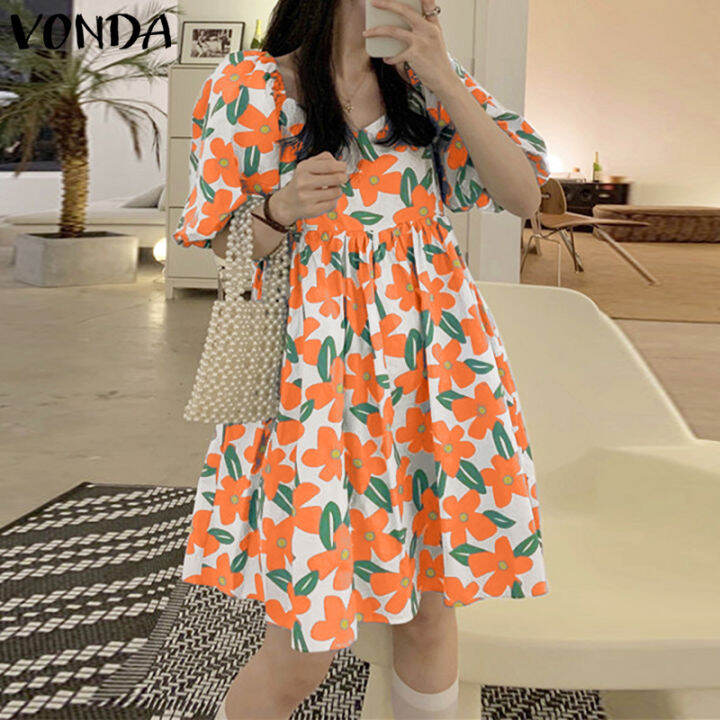 MASHYCHIC VONDA Womens Funny Floral Printed A-Line Sundress Versatile Puff  Sleeve V-Neck Dresses (Korean Floral) | Lazada Singapore