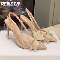 RENBEN ใหม่แชมเปญรองเท้าส้นสูงโบว์ rhinestone ชี้นิ้วเท้ากริชส้นโปร่งใสรองเท้าแตะ V725