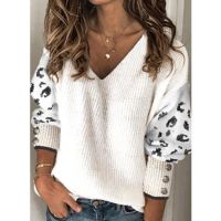 Large size loose womens sweaters  fallwinter womens pullover sweater fashion casual leopard print v-neck womens sweater