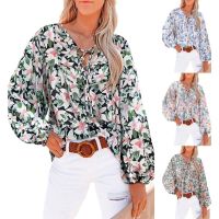 European and American womens autumn new floral ruffled tunic shirt with V-neck casual long-sleeved top ❤