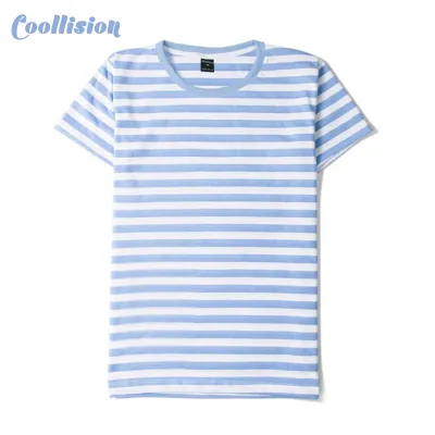 #Coollision-ฺBlue Sky pastel 1cm.- เสื้อลายทาง สีฟ้าอ่อน-สีขาว ริ้ว 1 ซม. เสื้อยืดลายทางคอกลมแขนสั้น unisex ผ้าไม่ลื่น ฝ้าย สีไม่ตก ไม่ย้วย งานดี ลายแถบ