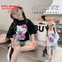 SOLANNA เสื้อผ้าเด็กผญ เสื้อยืดแขนสั้นเด็กหญิง การ์ตูนแมวเคทีน่ารัก เสื้อแขนสั้นผ้าฝ้ายเปลี่ยนสี23618