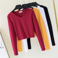 Limited Time Discounts Korea Style V Neck Cotton T Shirt Women Long Sleeve Crop Top Slim Tees Stretch Bottoming Shirt Spring Autumn Lady  T-Shirt 2020