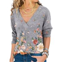 Elegant Floral Print V-Neck T-shirt Womens Casual Long Sleeve Top Spring Autumn Ladies Street Clothes Grey Blue Tee