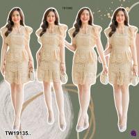 P19135 Dress เดรสสั้นแต่งลูกไม้ ระบายชั้น ปักแต่งเพชร ..