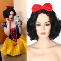 FGY Ladies Black Short Curly Cosplay Synthetic Wig Snow White Princess Halloween Costume Party Wig   Headband Red Bow   Wig Cap