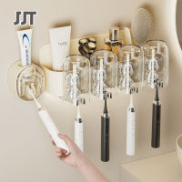 JJT ที่ใส่แปรงสีฟันแบบไม่เจาะสำหรับห้องน้ำที่ใส่น้ำยาบ้วนปากถ้วยแปรงสีฟันที่บีบยาสีฟันแบบอัตโนมัติในห้องน้ำ