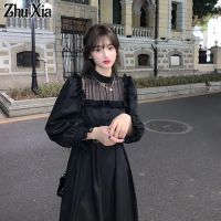 Zhu Xia ชุดเดรสสำหรับผู้หญิงสไตล์ฝรั่งเศสย้อนยุคดีไซน์ชุดสีดำเล็กๆให้สัมผัสที่เอวลดสัดส่วนนางฟ้าสุดๆชุดลูกไม้กลวง