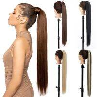 Synthetic Ponytail Hair Extension Clip in Fake Wig Hairpiece Blonde Wrap Around Pigtail Long Smooth Overhead Pony Tail