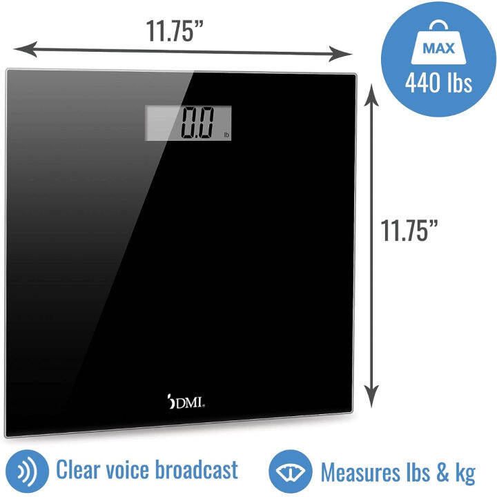 dmi-digital-talking-bathroom-scale-sleek-tempered-glass-clinically-accurate-measurements-large-lcd-screen-440-lb-weight-capacity-talking-digital-scale