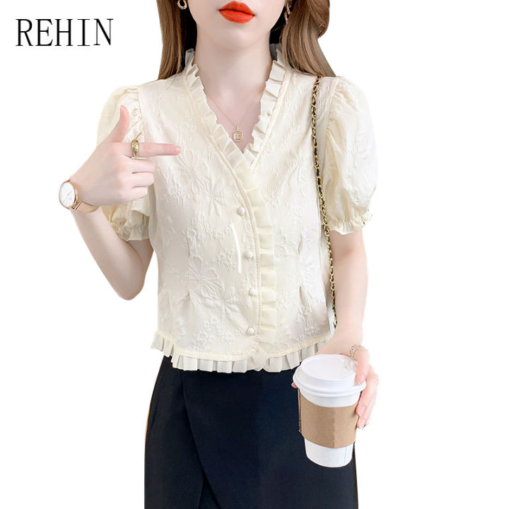rehin-เสื้อเชิ้ตแขนสั้นคอวีของผู้หญิง-เสื้อเบลาส์หรูหราลูกไม้สุดชิคลายฉลุฝรั่งเศส