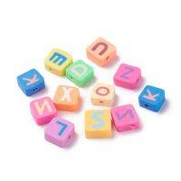 50pc Handmade Polymer Clay Beads Horizontal Hole Square with Letter Mixed Color 8.5-10.5x8.5-10.5x4.3-5.3mm Hole: 2.5mm