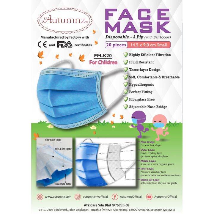 Autumnz CHILDREN Disposable Face Mask (3 Ply) with Ear Loops 20pc
