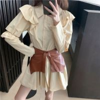 Fashion Autumn 2 Piece Sets Casual Lapel Ruffled Long Sleeve Shirt Dress Mini Slim Retro Lace Up Waist Pu Leather Skirt Street