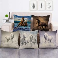 {fabric sofa}โซฟา PillowcaseHorse พิมพ์โยนปลอกหมอนตกแต่งบ้านปลอกหมอนอิงผ้าลินินปลอกหมอนสแควร์หมอน45X45CM