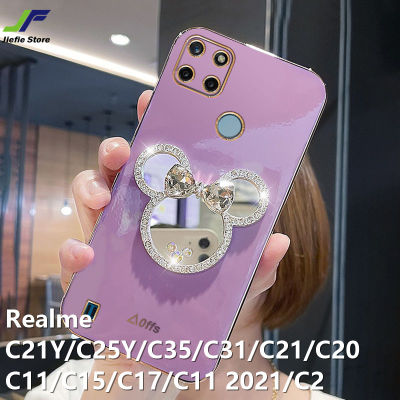 JieFie น่ารัก Minnie เคสโทรศัพท์สำหรับ Realme C21Y / C25Y / C35 / C31 / C11 / C15 / C17 / C20 / C21 / C11 2021/C2แฟชั่นสไตล์ Girly กับ Shiny Diamond Mickey Mouse กระจกโทรศัพท์ที่วาง