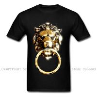 Golden Lion Print On Men Black Tops &amp; Tees Mens Crew Neck T-shirts Unique Chinese Mascot Design Punk Male Tshirt