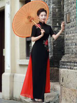 Ao Dai Cheongsam แคทวอล์ปรับปรุงเครื่องแต่งกายยาวแท้ชุดเวียดนามจีนย้อนยุคสไตล์เย็บปักถักร้อย