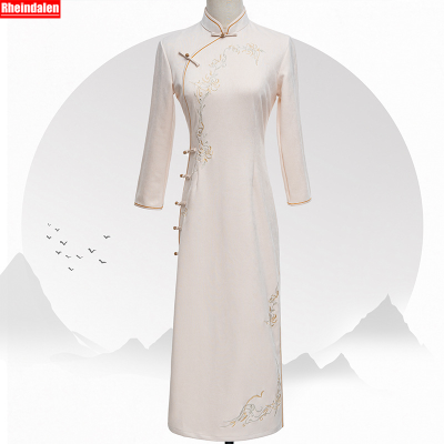 ใหม่สไตล์จีนฤดูใบไม้ร่วงและฤดูหนาวผู้หญิงเย็บปักถักร้อย Vintage Suede Cheongsam Air จัดเลี้ยง Dress Dress