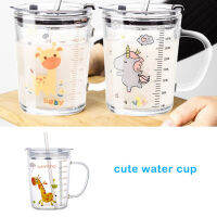 Glass Mug With Lid High Temperature Scale Cartoon Breakfast Cup Printing Straw Water Cups Household Drinking Supplies