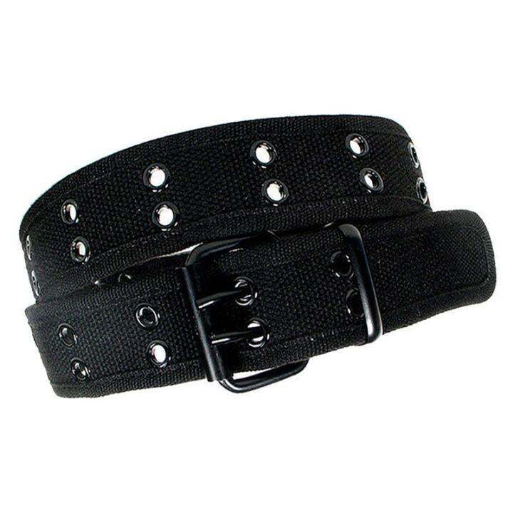 2x-new-canvas-web-belt-two-hole-grommets-black-metal-roller-buckle-men-women-black