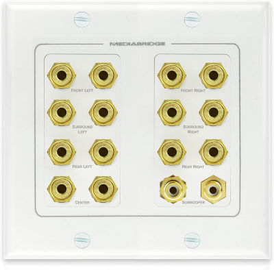 Mediabridge Speaker Wall Plate w/Binding Posts (7 Pair) &amp; RCA (2 Ports) - Limited TIME Offer: Free Mounting Bracket (2-Gang) - 2-Piece Inset Wall Plate for 7.1/7.2 Surround Sound (Part# WP2-B7/S2) Banana Plugs (7 Pair), Subwoofer (2 Port)