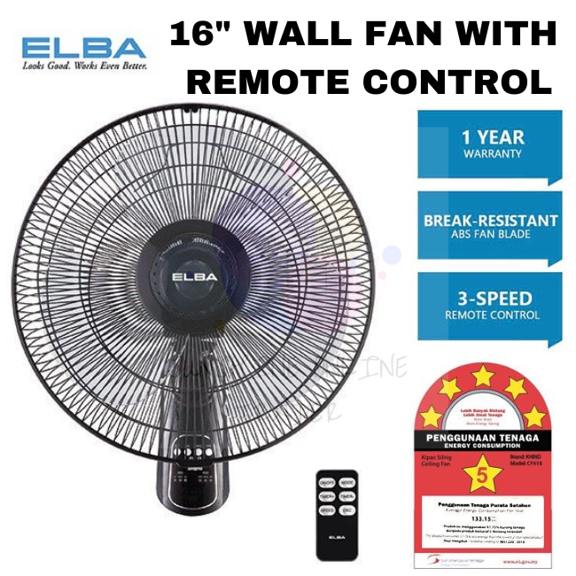 16 inch ELBA Wall Fan Remote Control Wall Fan 3 Speed Abs Blade 1 YEAR
