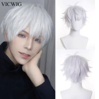 VICWIG Men Short Wig Synthetic Straight White Blonde Black Anime Cosplay Heat Resistant Hair Wig for Daily Party Wig  Hair Extensions Pads